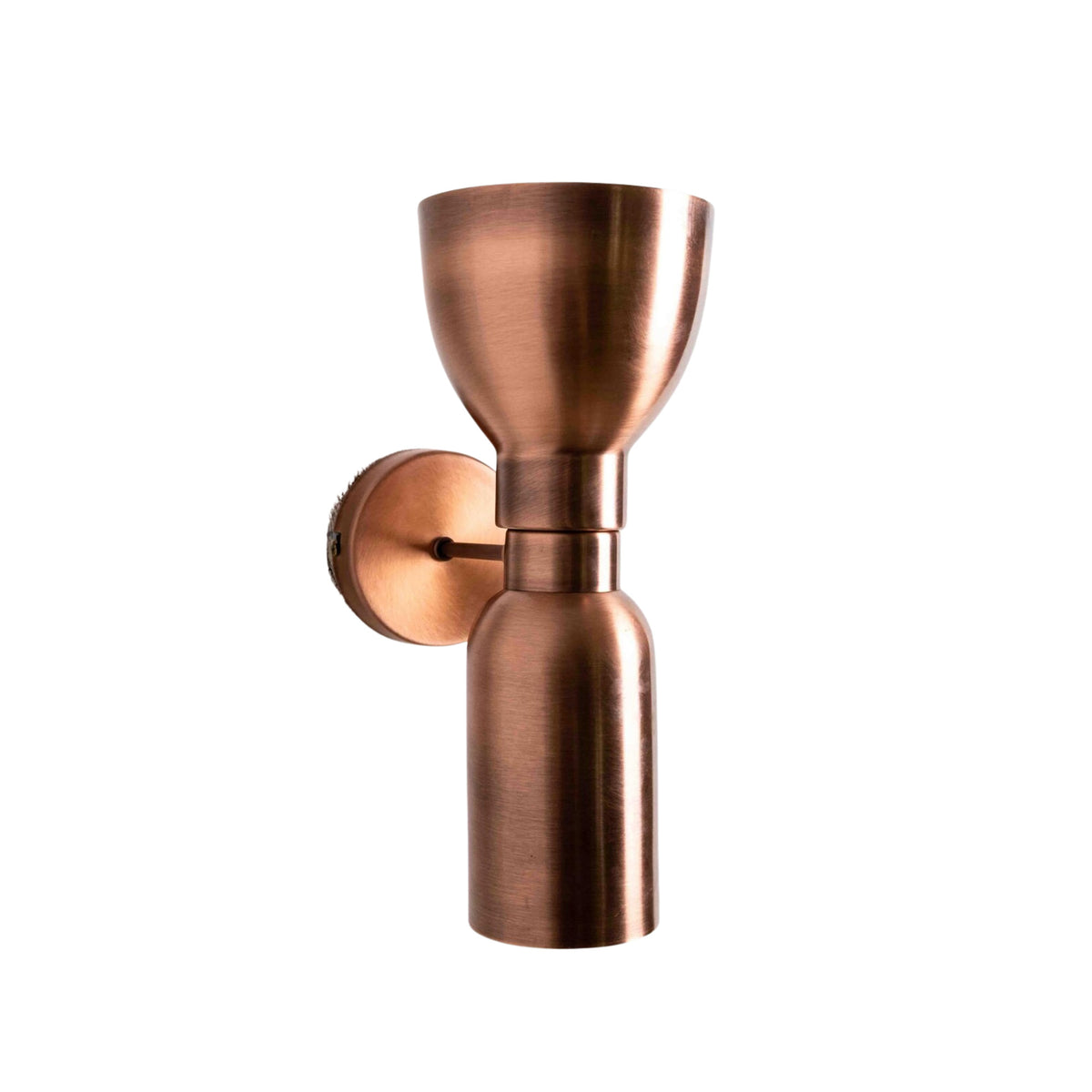 Milan sculpted 2-light wall sconce in copper finish shown in reverse orientation with flared and cylindrical metal shades.