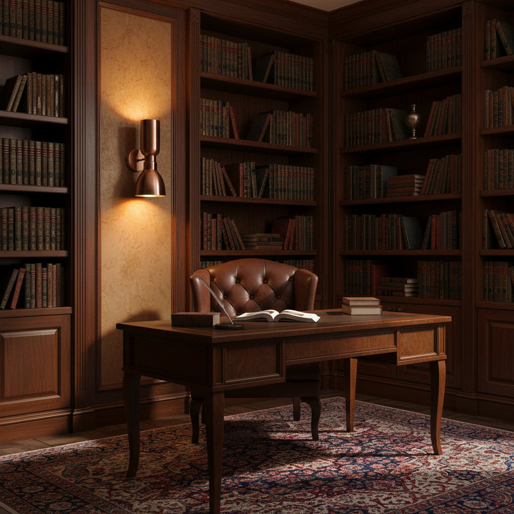 Side view of Milan 2-light copper wall sconce with round canopy, slim arm and sculpted hourglass profile.