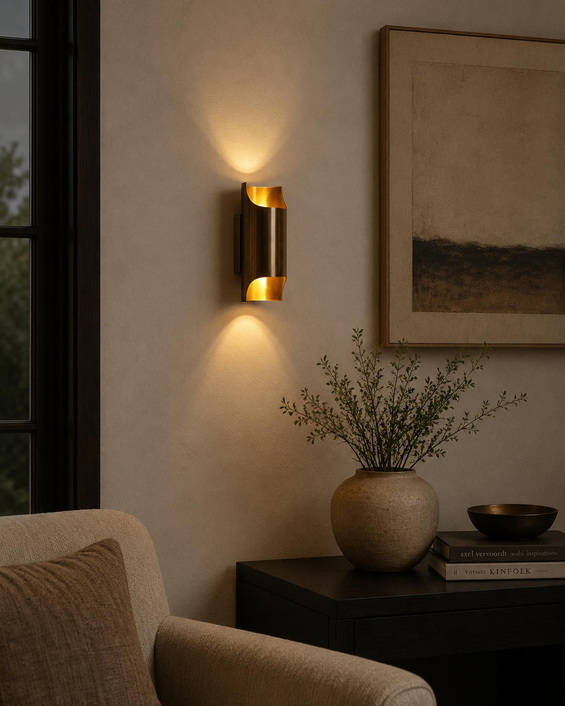 Milan brass up and down wall sconce installed in a warm modern living room interior – Model 32807