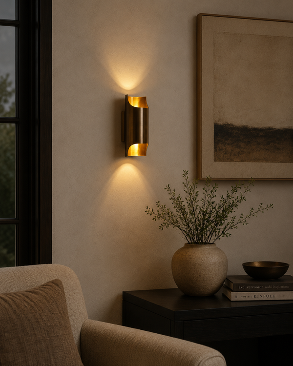 Milan brass up and down wall sconce installed in a warm modern living room interior – Model 32807