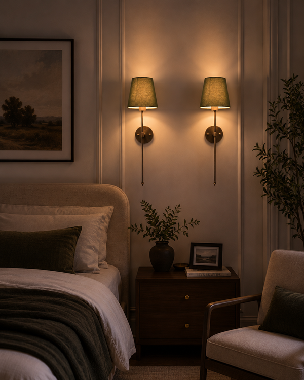 Milan Shade Rod Wall Sconce pair installed beside a bed in a warm modern bedroom interior.