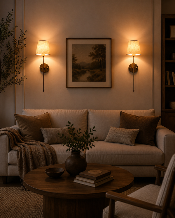 Milan Shade Rod Wall Sconce pair installed beside wall art in a warm modern living room interior.