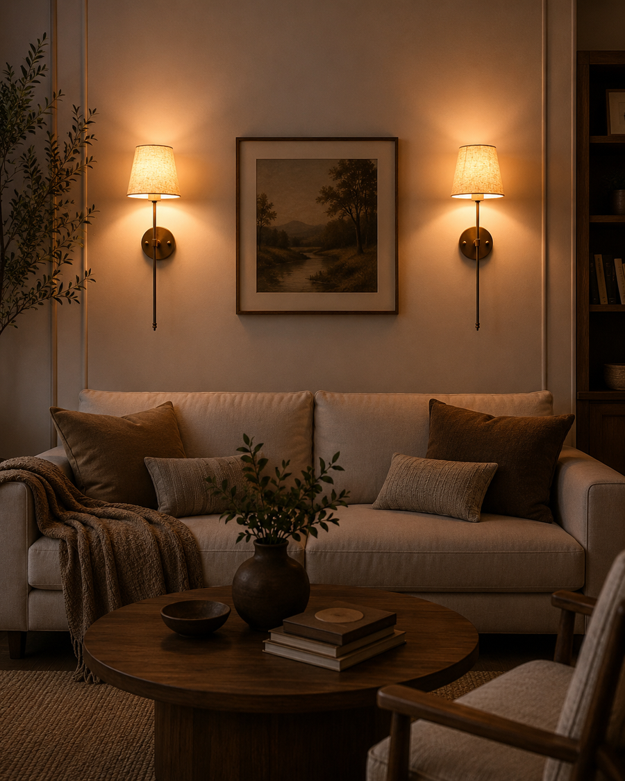 Milan Shade Rod Wall Sconce pair installed beside wall art in a warm modern living room interior.