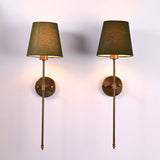 Front view of Milan Shade Rod Wall Sconce pair with fabric shades, slim rods, and round wall plates.