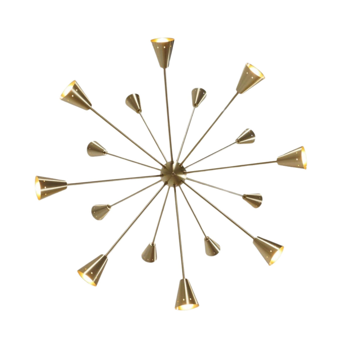 Angled view of Milan 16 light starburst chandelier with tapered brass cone shades and radiating arms
