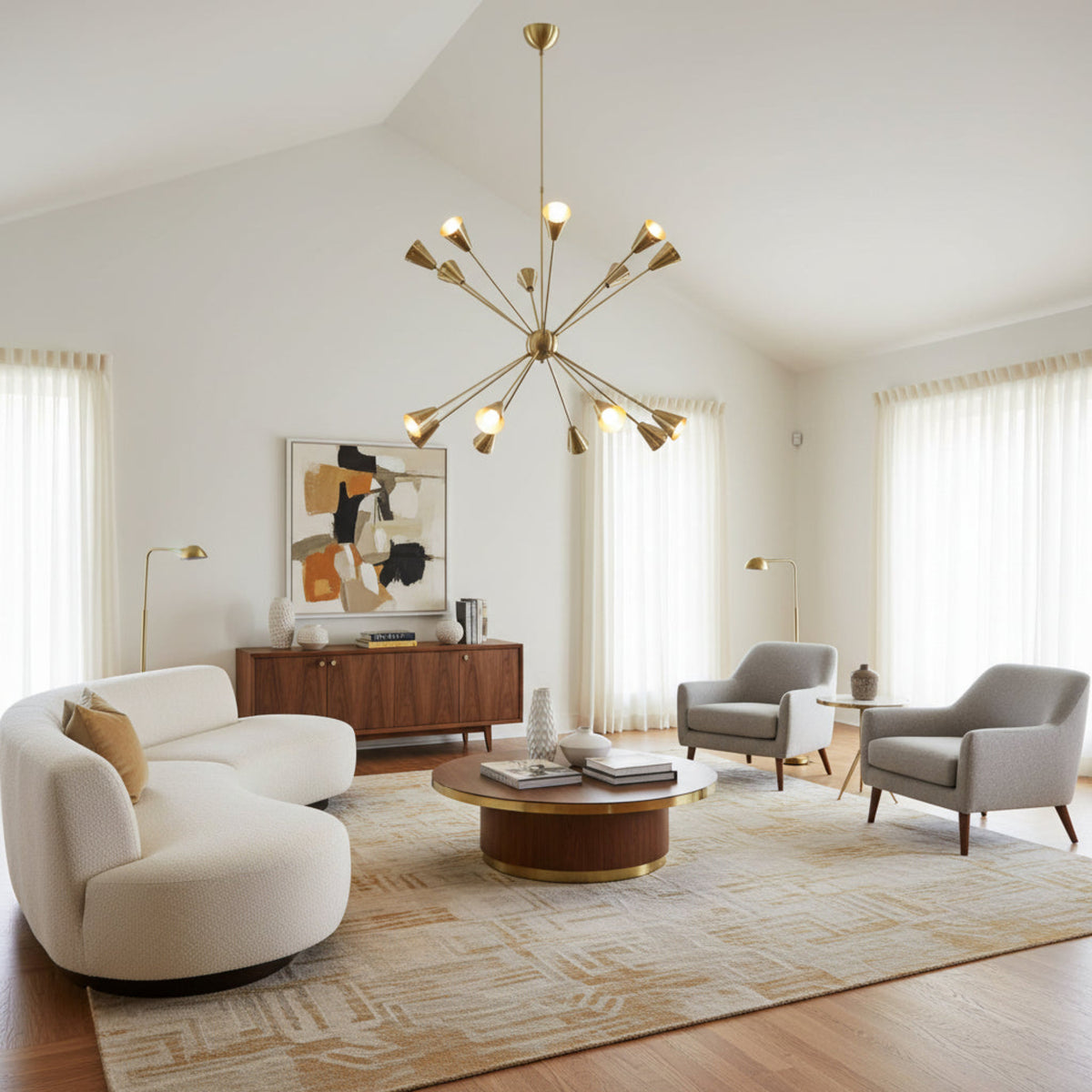 Front view of Milan 16 light Mid-Century Modern starburst chandelier with brass cone shades
