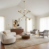 Front view of Milan 16 light Mid-Century Modern starburst chandelier with brass cone shades