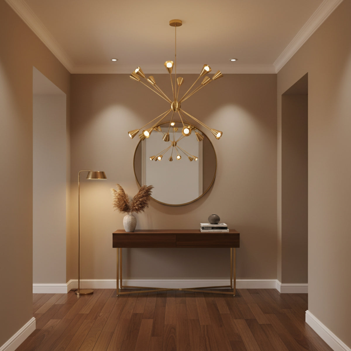 Rear view of Milan 16 light brass chandelier showing radiating arms and tapered cone shades