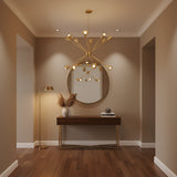 Rear view of Milan 16 light brass chandelier showing radiating arms and tapered cone shades