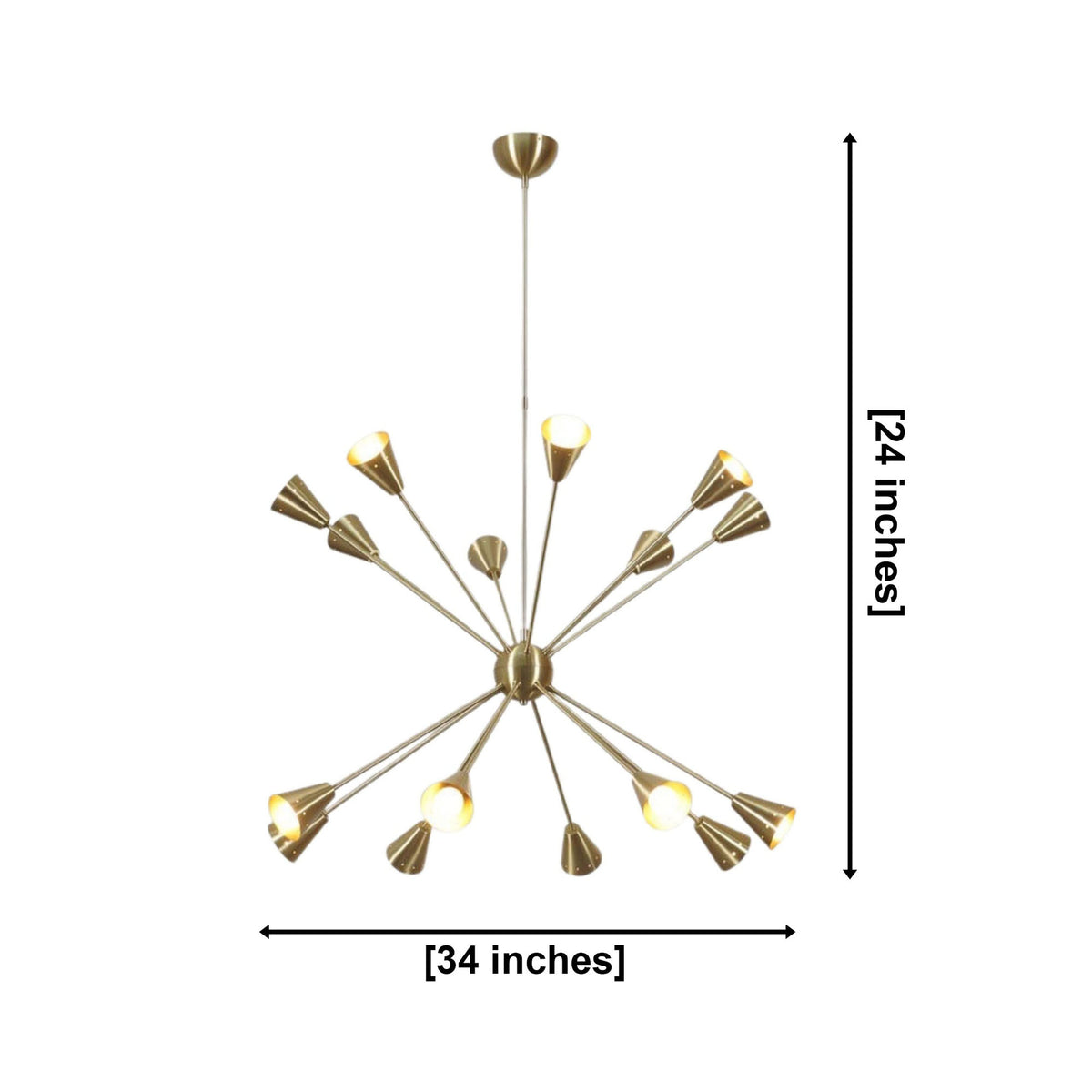 Milan 16 light starburst chandelier dimensions showing 34 inch width and 24 inch overall height