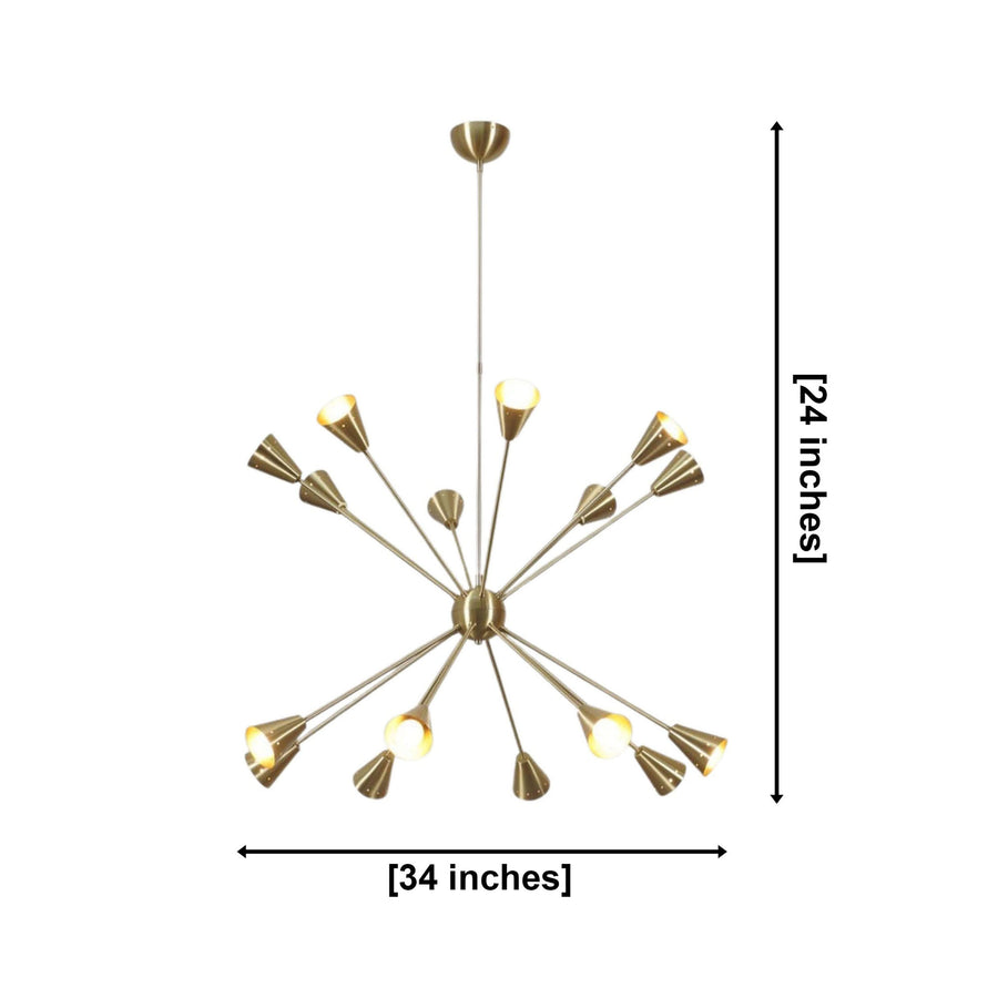 Milan 16 light brass starburst cone chandelier displayed in a warm Mid-Century Modern living room interior