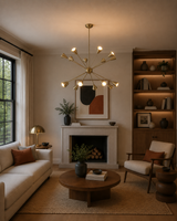 Milan 16 light brass starburst cone chandelier displayed in a warm Mid-Century Modern living room interior
