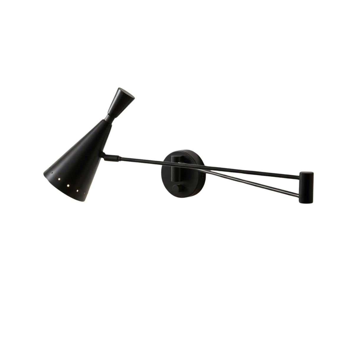 Angled view of Milan Mid-Century Modern black wall sconce with adjustable swing arm and cone shade – Model 32806
