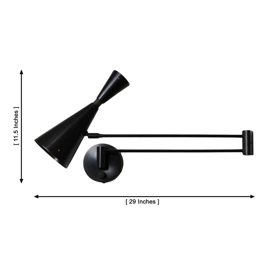 Angled view of Milan adjustable brass swing arm wall sconce with double cone metal shade – Model 32806