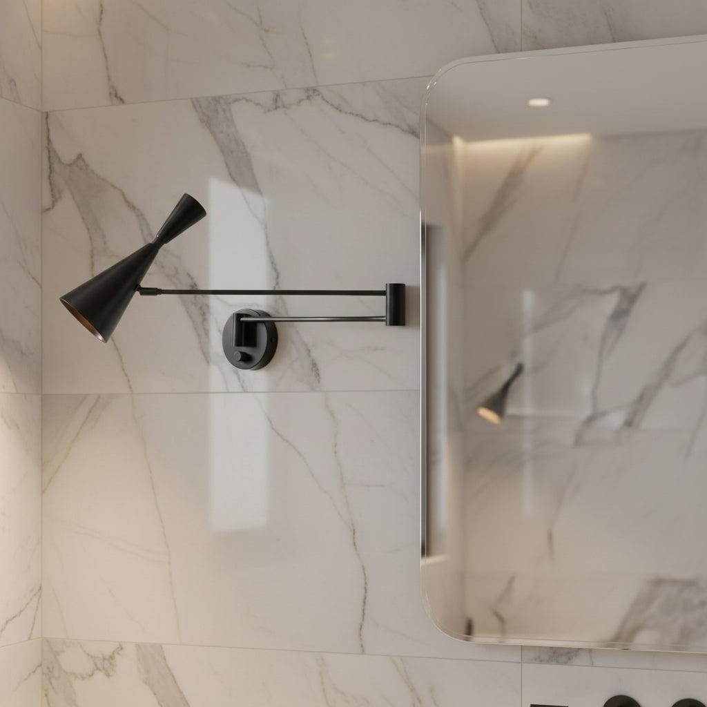 Side view of Milan black swing arm wall sconce with long adjustable arm and cone shade – Model 32806
