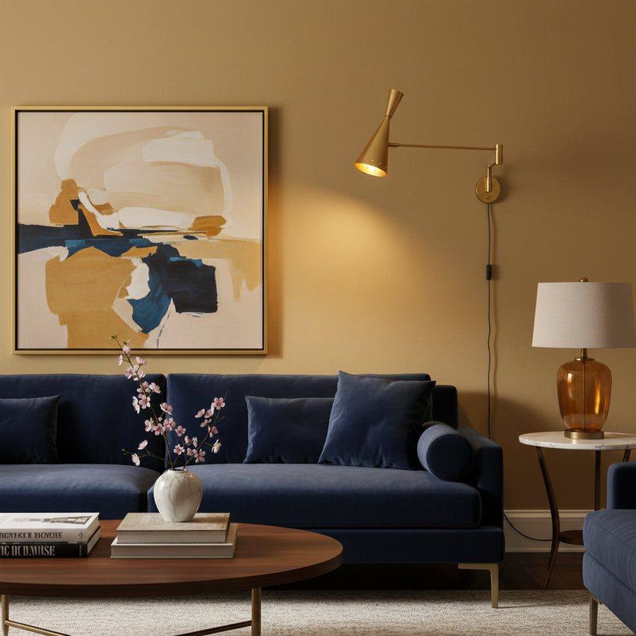 Angled view of Milan adjustable brass swing arm wall sconce with double cone metal shade – Model 32806