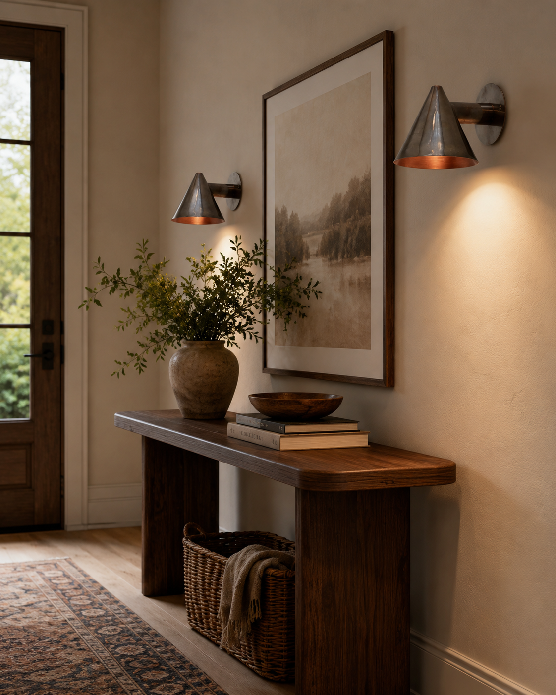 Pair of Milan Tapered Cone Wall Sconces installed in a modern entryway, providing warm ambient lighting above a wooden console table with contemporary décor.