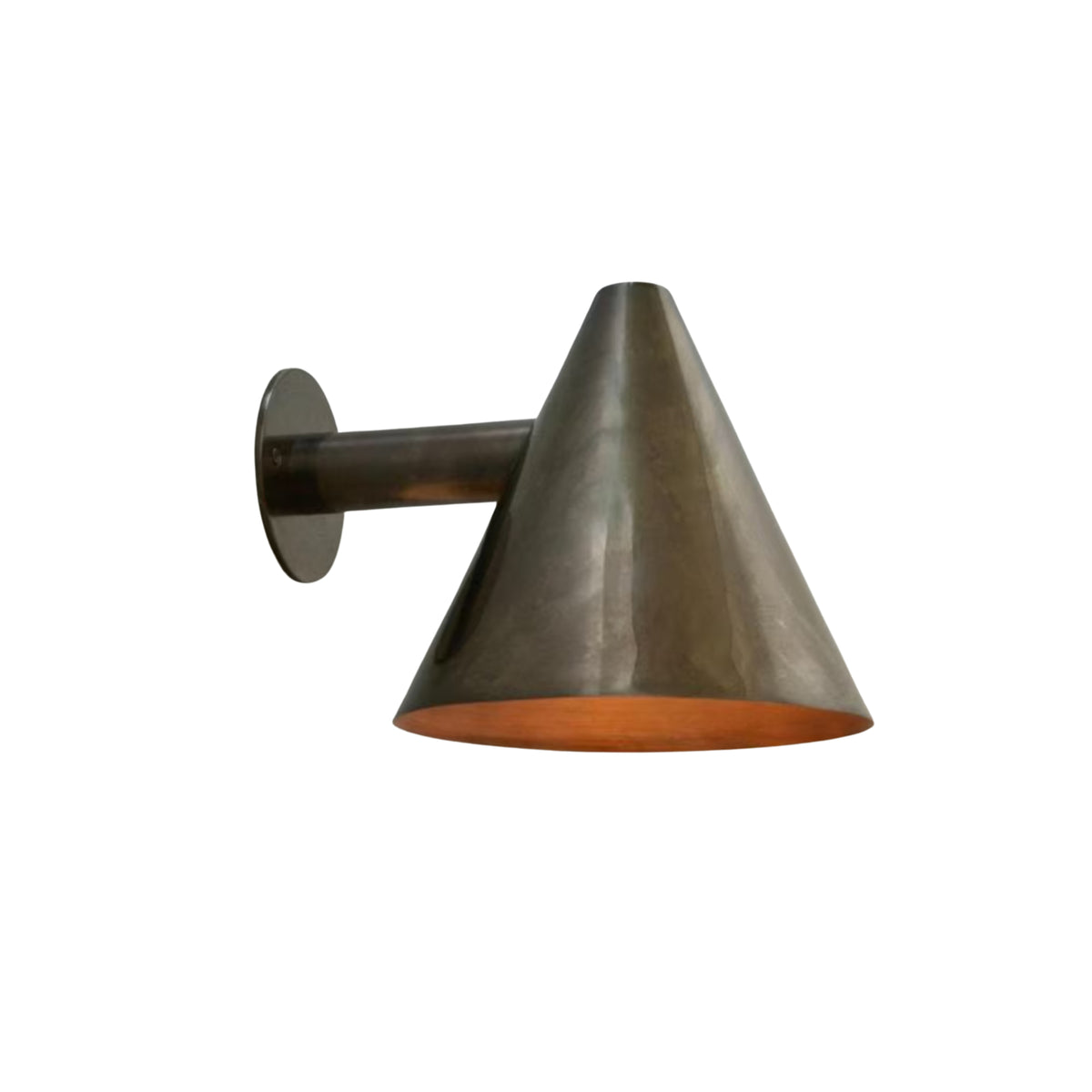 Front angled view of the Milan tapered cone wall sconce featuring a handcrafted metal cone shade with warm copper interior and minimalist cylindrical wall arm.