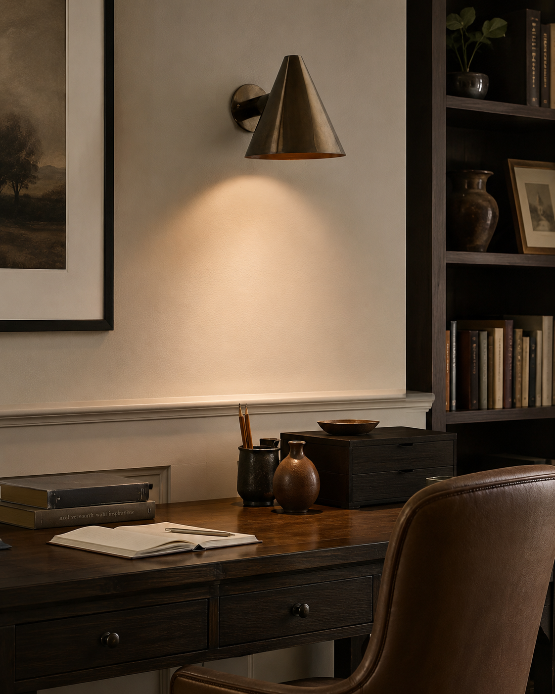 Milan tapered cone wall sconce installed above a modern home office desk, providing warm focused lighting in a contemporary Scandinavian-inspired workspace.