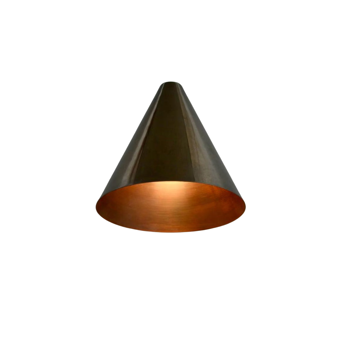 Close-up illuminated view of the Milan tapered cone wall sconce showcasing the warm copper interior and focused downward ambient lighting.