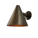Product view of the Milan modern tapered cone wall sconce with handcrafted metal shade, cylindrical arm, and circular wall mount.