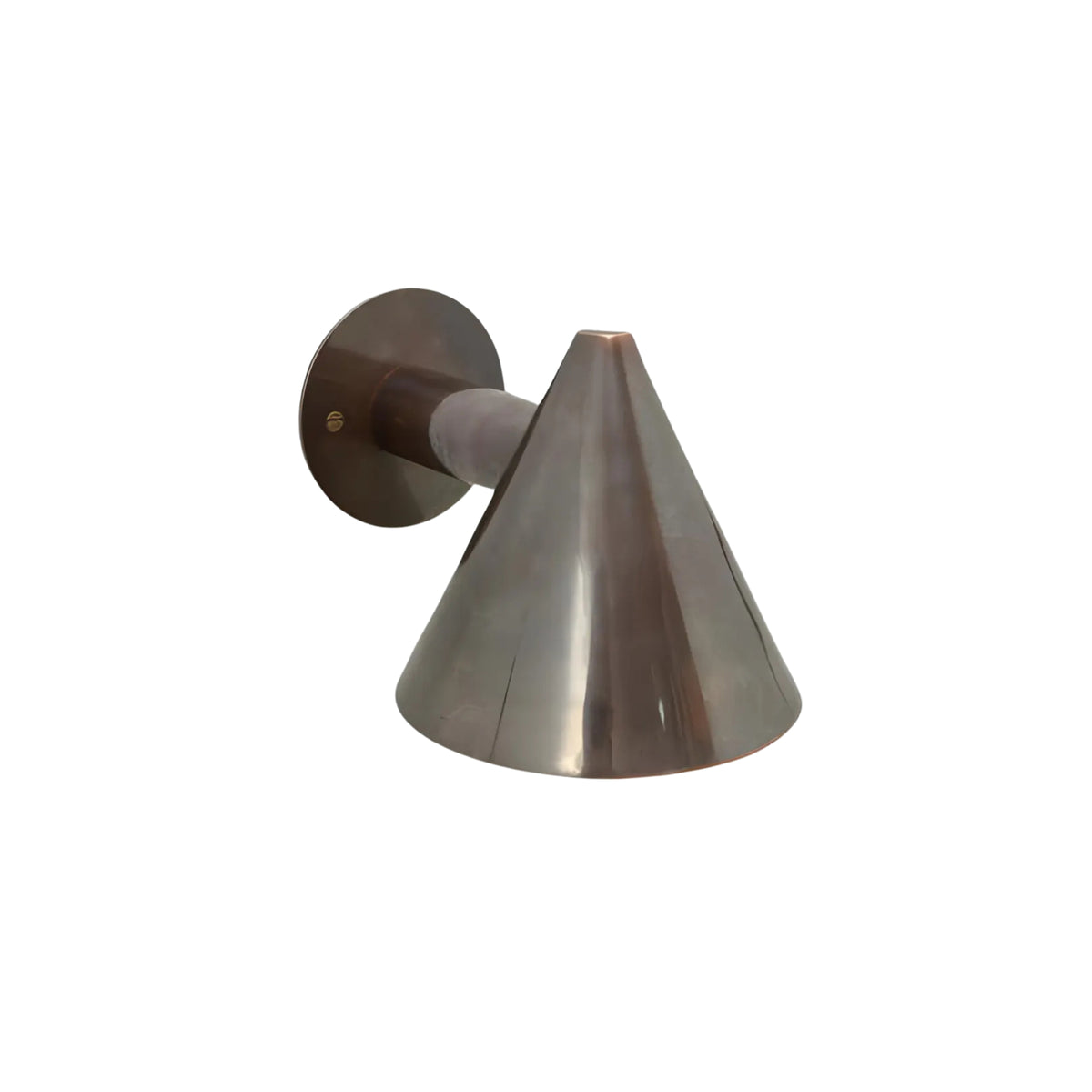 Rear angled view of the Milan Tapered Cone Wall Sconce highlighting the handcrafted metal shade, cylindrical wall arm, and round mounting canopy.
