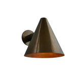 Rear angled view of the Milan modern wall sconce highlighting the handcrafted cone shade, circular wall canopy, and clean cylindrical mounting arm.