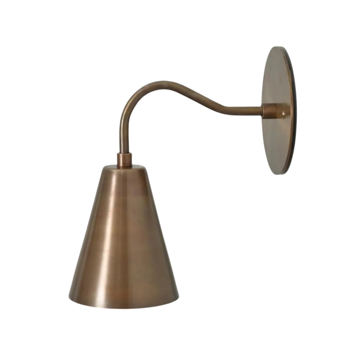 Milan tapered cone wall light showing curved brass arm and round wall mount reverse view – Model 32748