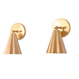 Angled view of the Milan Tapered Cone Wall Sconce Set of 2 showcasing handcrafted brass cone shades and circular wall mounts with minimalist contemporary styling.