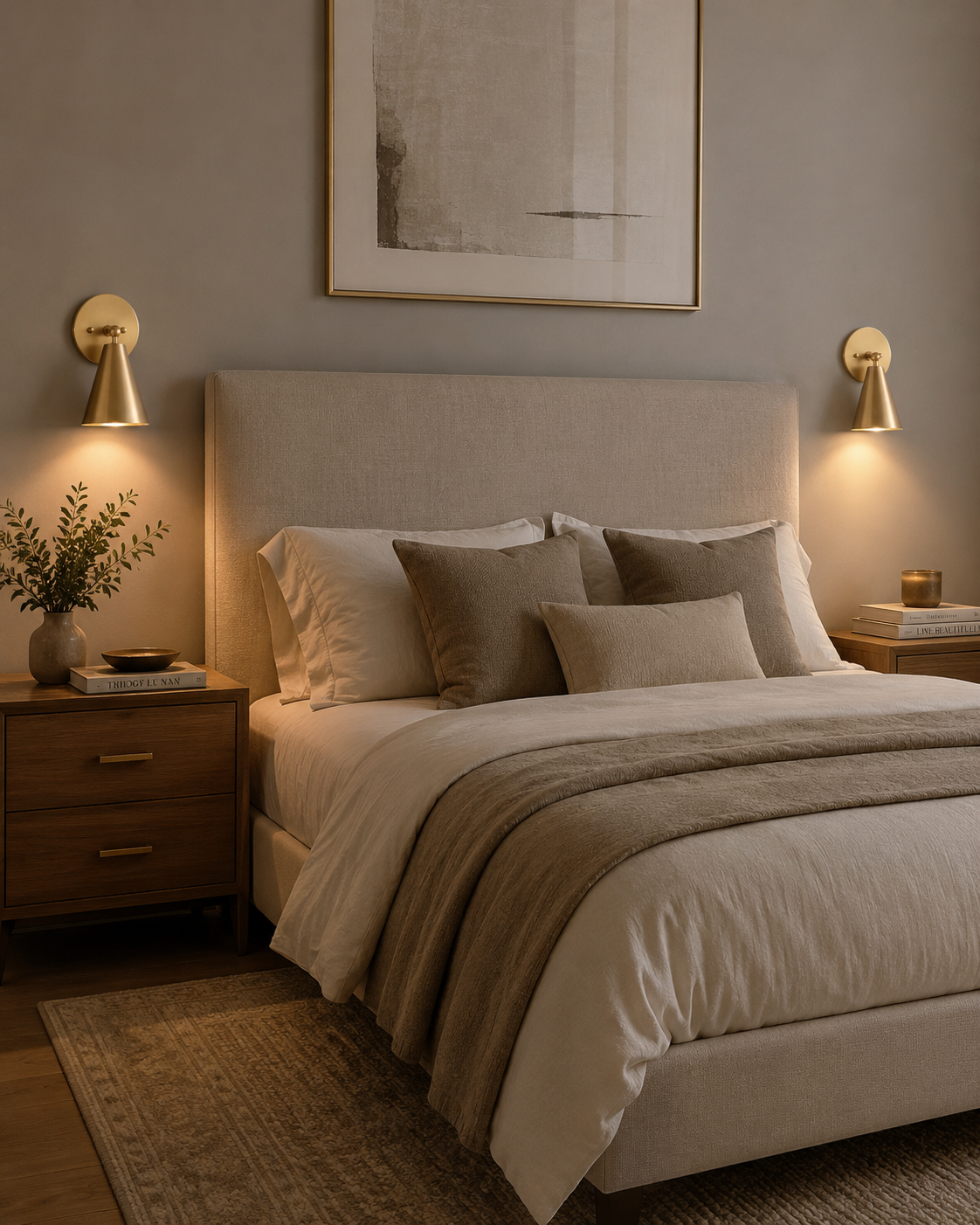 Milan Tapered Cone Wall Sconce Set of 2 installed on either side of a modern bedroom headboard, providing warm ambient bedside lighting in a contemporary Scandinavian interior.