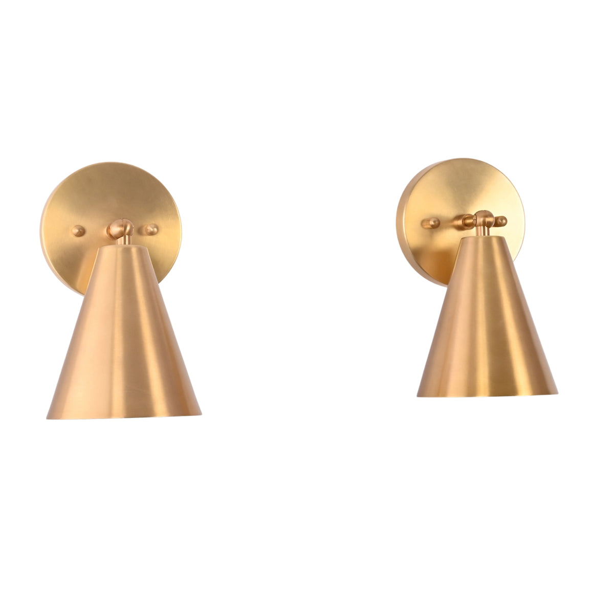 Dual front view of the Milan Tapered Cone Wall Sconce Set of 2 displaying matching handcrafted brass cone shades designed for balanced bedside and hallway lighting.