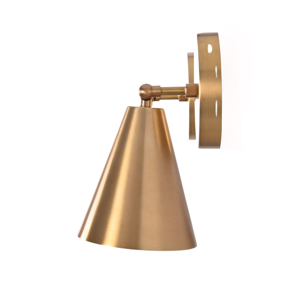 Side profile of the Milan Tapered Cone Wall Sconce Set of 2 highlighting the tapered metal shade, adjustable swivel joint, and solid brass wall mounting plate.