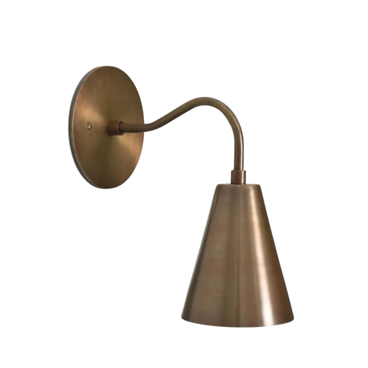 Milan brass cone wall sconce with downward shade and curved arm side view – Model 32748