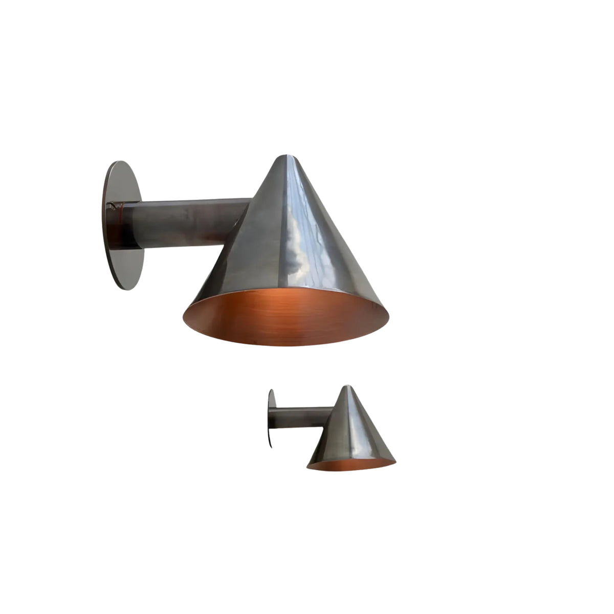 Size comparison image of the Milan Tapered Cone Wall Sconce displaying the standard fixture alongside a smaller scaled version.