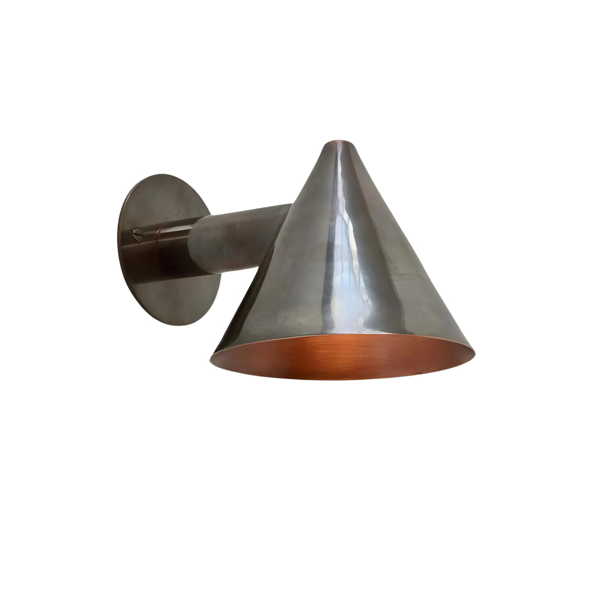 Three-quarter view of the Milan Tapered Cone Wall Sconce featuring a sleek tapered cone shade with a warm copper interior and handcrafted metal finish.