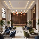 Alternate product view of Milan vermilion 16 light multi-arm chandelier with two-tone cone shades