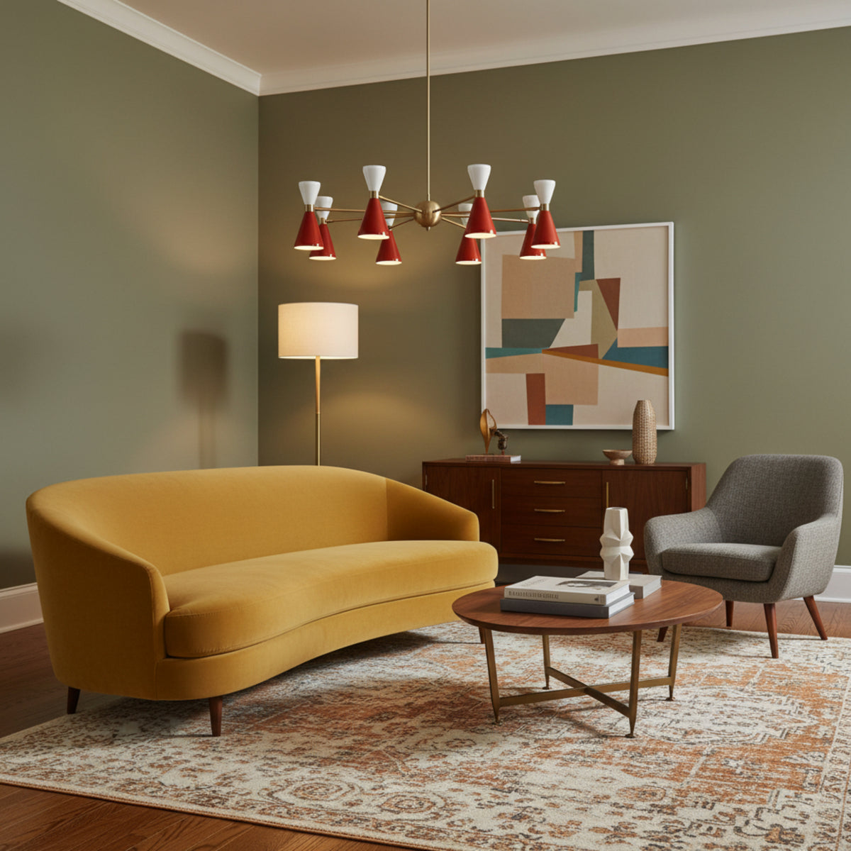 Milan 16 light vermilion red and white cone chandelier with brass multi-arm frame, front view