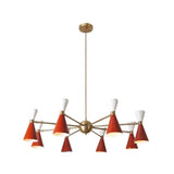 Full view of Milan 16 light Mid-Century Modern chandelier with red and white cone shades and brass frame