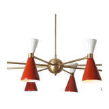 Close-up of Milan chandelier showing vermilion red cone shades, white upper shades and brass central hub