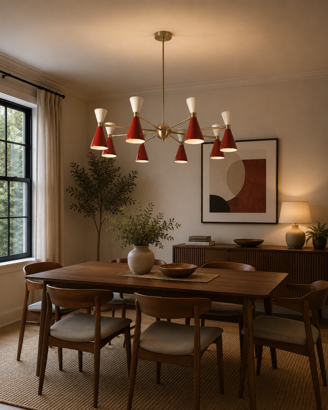 Milan 16 light vermilion and white cone chandelier displayed above a Mid-Century Modern dining table in a warm interior