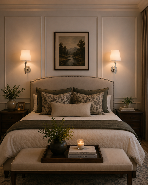 Milan polished chrome wall sconces with white tapered fabric shades installed beside a bed, providing elegant ambient lighting in a modern luxury bedroom.
