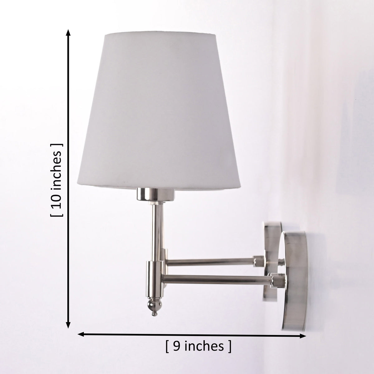 Dimension diagram of Milan polished chrome wall sconce with white tapered fabric shade measuring 10 inches high and 9 inches projection.