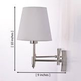 Dimension diagram of Milan polished chrome wall sconce with white tapered fabric shade measuring 10 inches high and 9 inches projection.