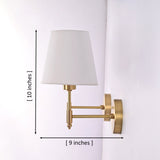 Dimension diagram of the Milan brushed brass wall sconce with white fabric shade showing 10-inch height and 9-inch projection.
