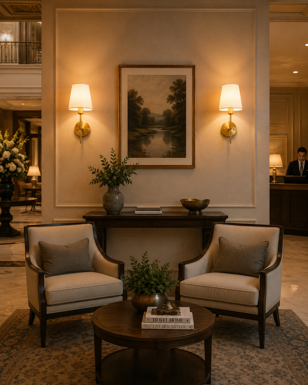 Milan brushed brass wall sconces with white fabric shades installed in a luxury hotel-style living room beside framed artwork and console table.