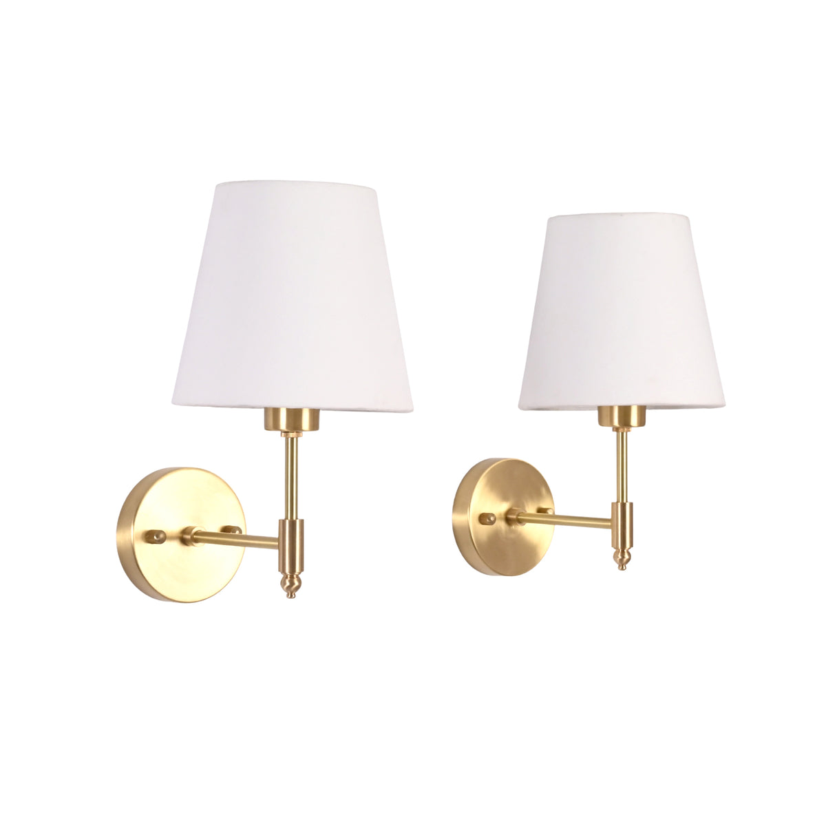 Milan white fabric shade brushed brass wall sconce displayed on a clean white background, showing left and right orientation options.