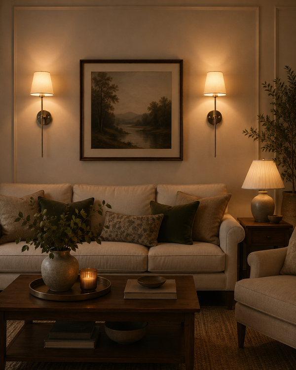 Milan white shade chrome rod wall sconces styled in a living room above sofa with warm decorative lighting.