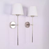 Side profile of Milan chrome rod wall sconce with white tapered shade and 8 inch wall projection.