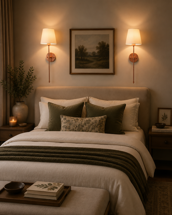 Bedroom lifestyle view of Milan white shade copper rod wall sconces installed above bedside area.