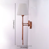 Side dimension view of Milan white shade copper rod wall sconce showing 24 inch height and 8 inch projection.